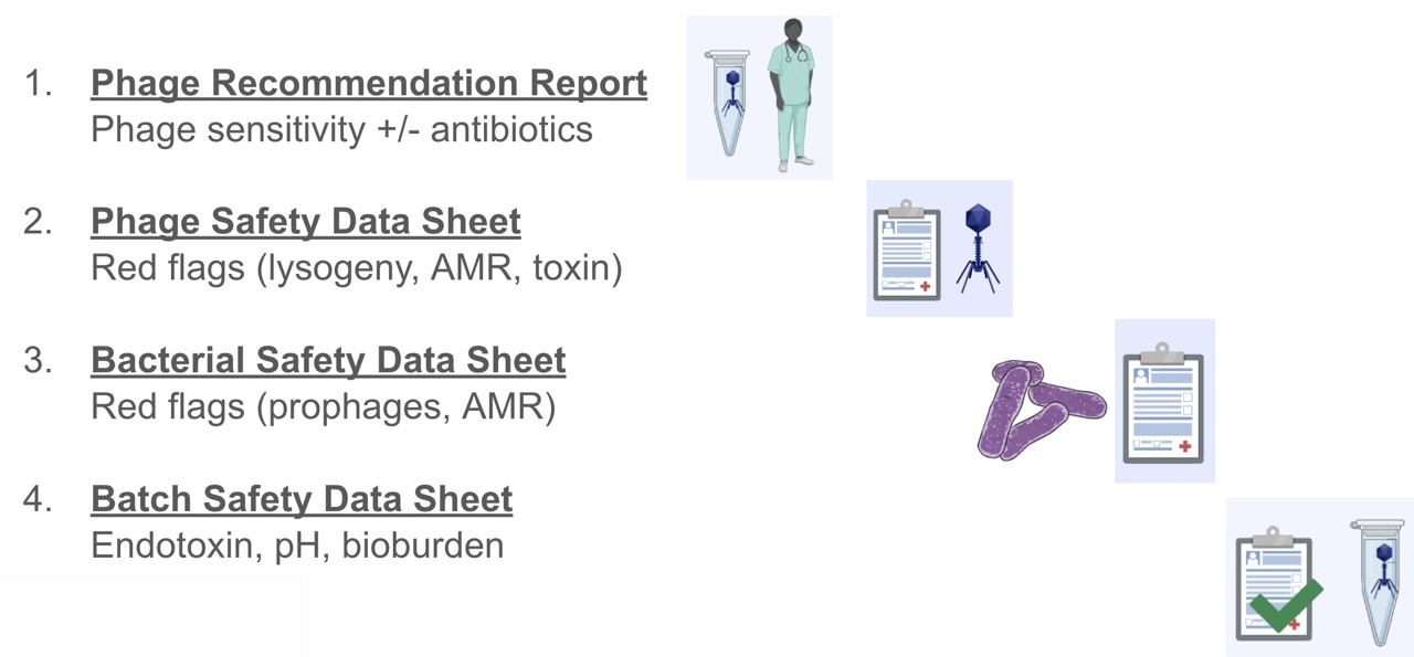 Figure 6: The four documents we submit with every patient phage prep to demonstrate the safety of the contents, as well as the data backing up the phage choice.