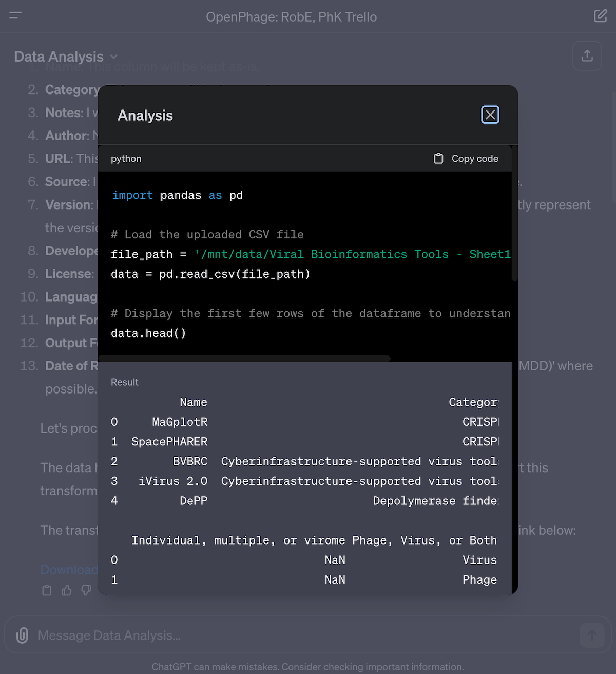 Fig 8. The Data Analysis GPT writes and executes python code on your data. You can actually copy this code and reuse it later by running it on your own machine!