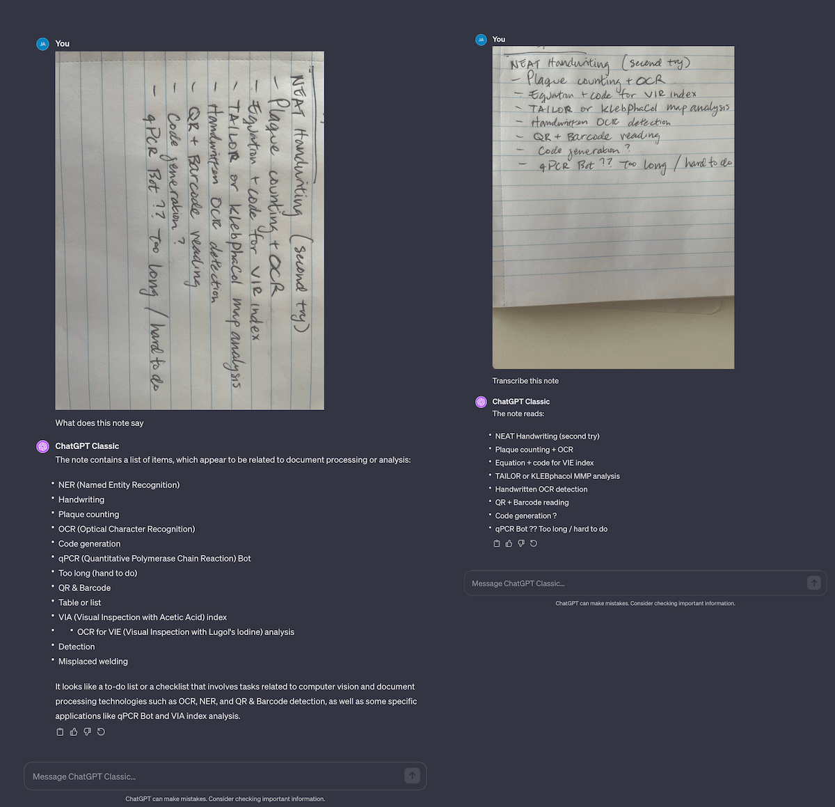 Fig 5. Comparison of extracting handwritten text. My original note… didn’t work very well, so I had to clean up my handwriting. This worked surprisingly well, and convinces me I should probably start writing neater! Notice the mayhem that ensues when using an incorrectly-oriented picture…