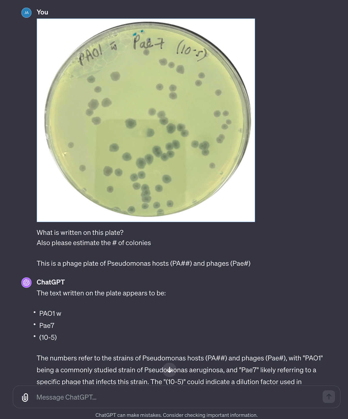 Fig 6. Counting plaques is hit or miss, but it’s surprisingly good at reading plate Sharpie writing! Especially when you guide it, by saying how the lab labels hosts and labels. Generally feeding it a “schema” on the correct keywords, labels and nouns makes it much more correct. 