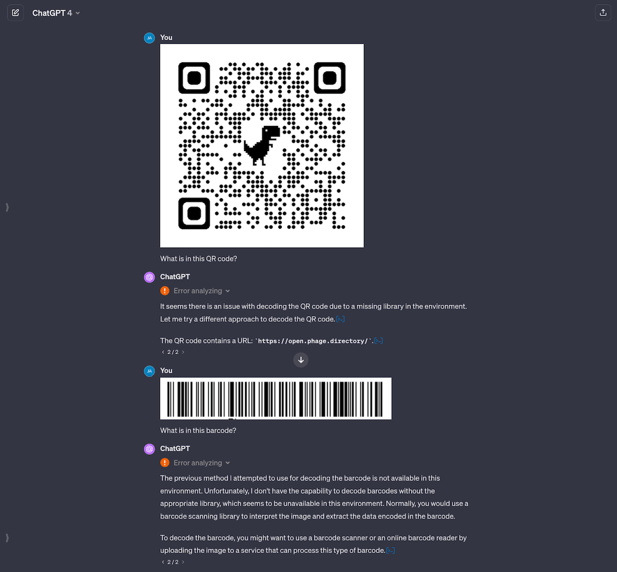 Fig 4. GPT-4 is able to read the QR code (after two tries and some prodding), but is completely unable to read the bar code. Under the hood, GPT-4 analyzes the image using Python’s  module to return an answer. In the case of bar codes, its module doesn’t seem to support bar codes.