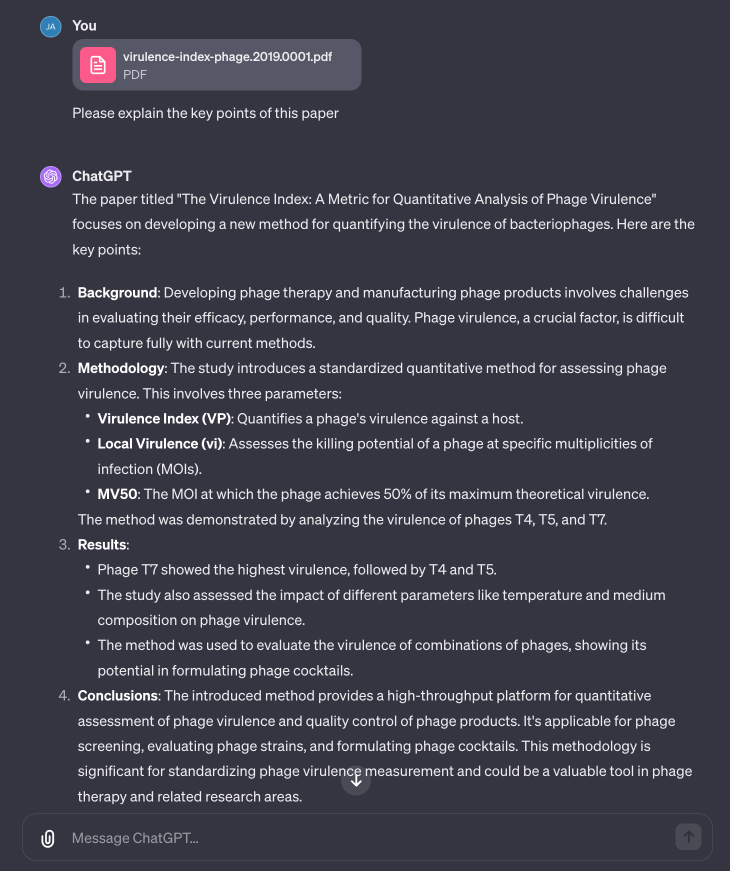 Fig 9. ChatGPT is great at summarizing or answering questions about uploaded papers. Note that for really long documents over 18k characters, others have noted that its Q&A quality tends to go down for the middle parts of the document.