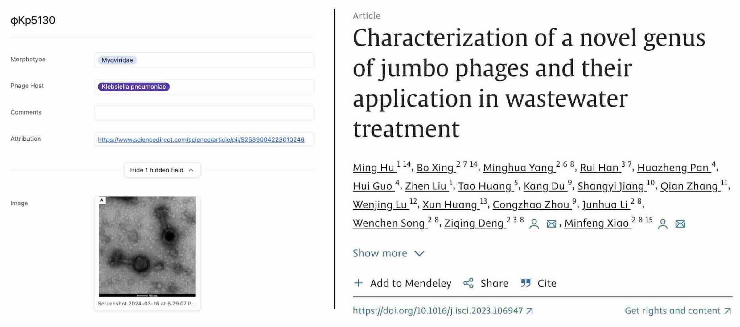 Example of PhageBase interface alongside source research paper