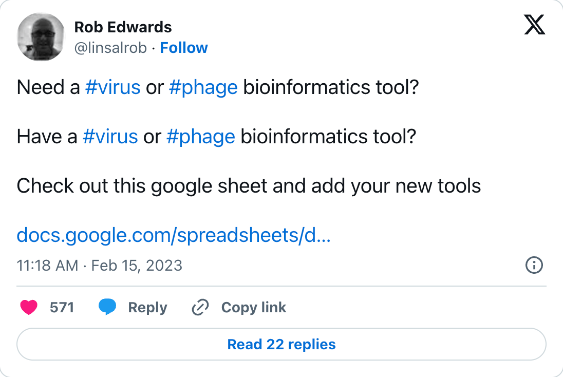 Fig 1. Rob Edwards’ tweet about his open Google Sheets bioinformatics tool: https://twitter.com/linsalrob/status/1625650675236454400?s=20