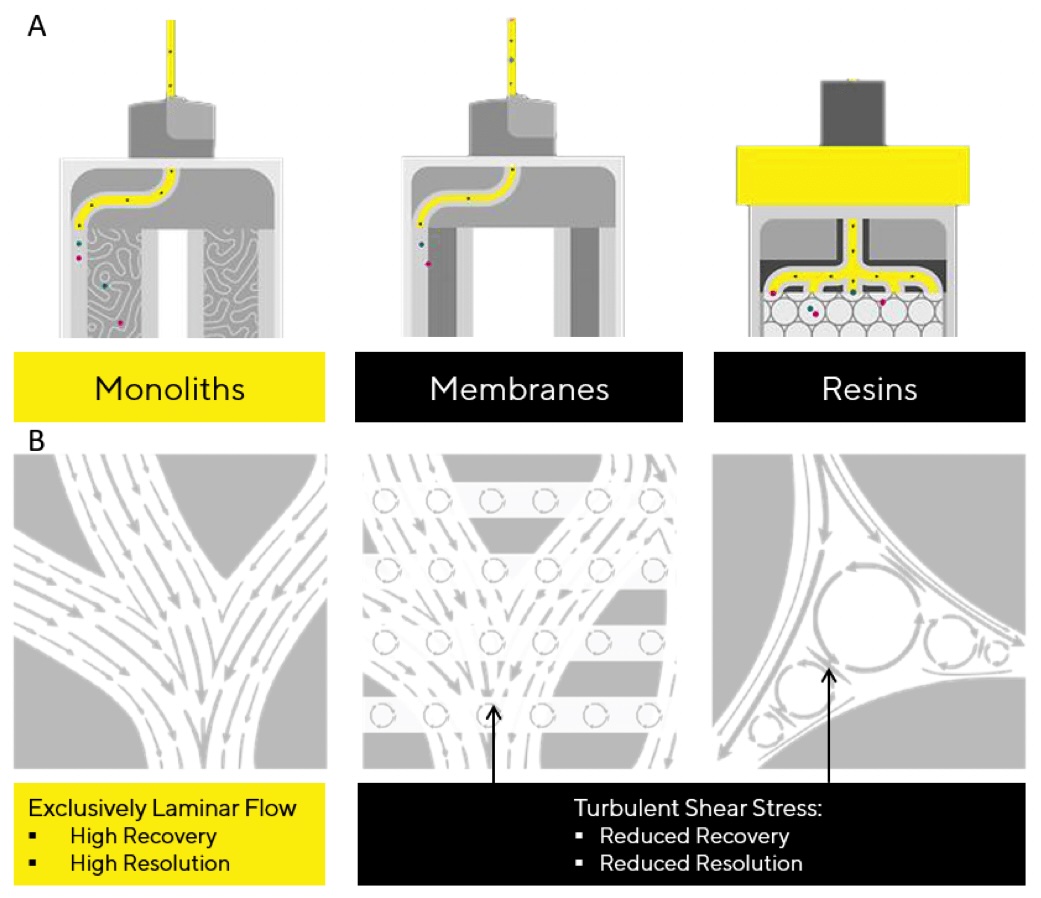 Cross sections of different chromatography media (A) and zoom ins (B) showing the flow strata. Turbulence occurs if the flow of fluid disrupts, forming eddies and vortices. This chaotic movement results in turbulent shear stress