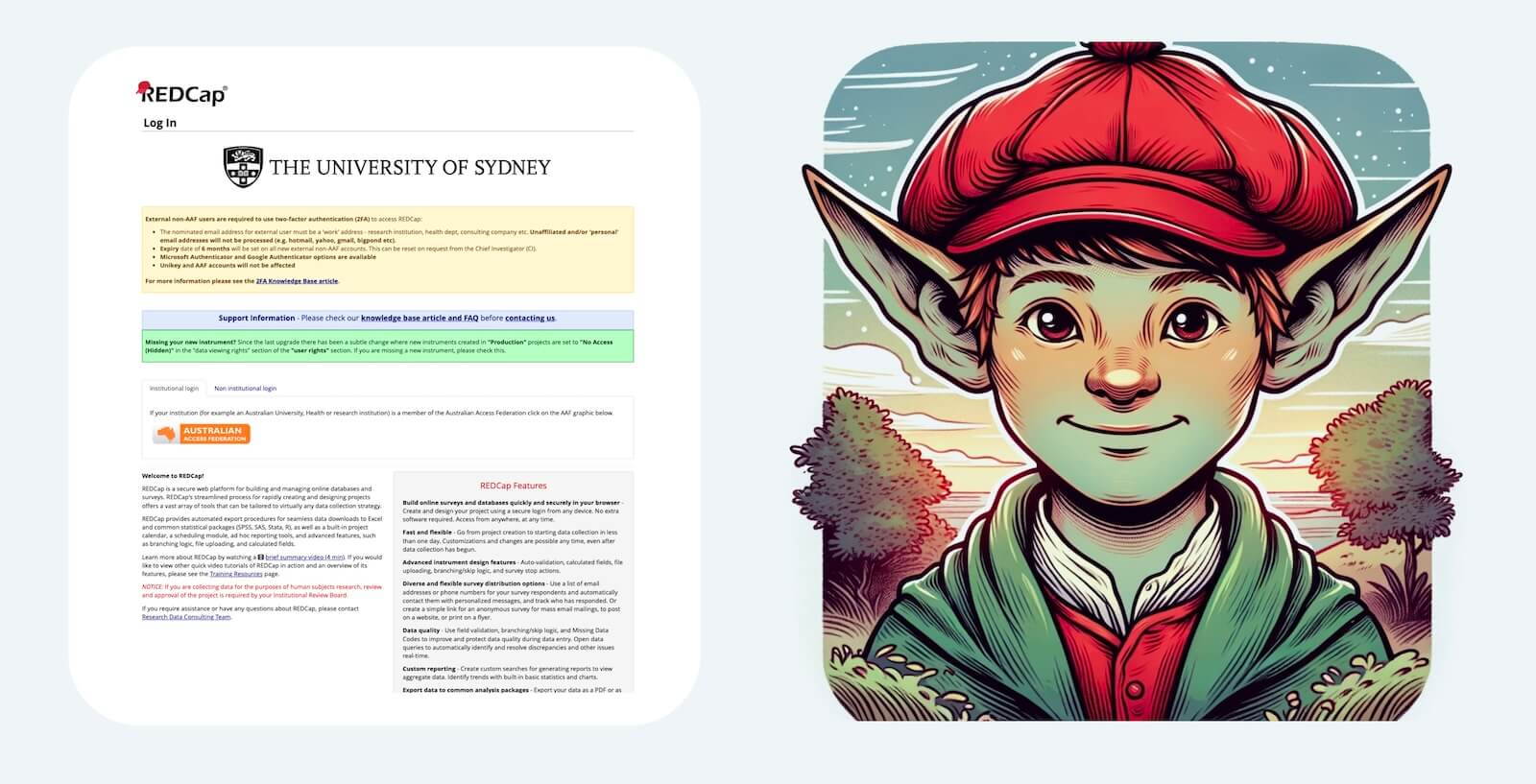 Fig 1. On the left is REDCap, the electronic data capture tool. On the right is a GPT-drawn “redcap”, a goblin-like creature from Scottish folklore. They are not related.