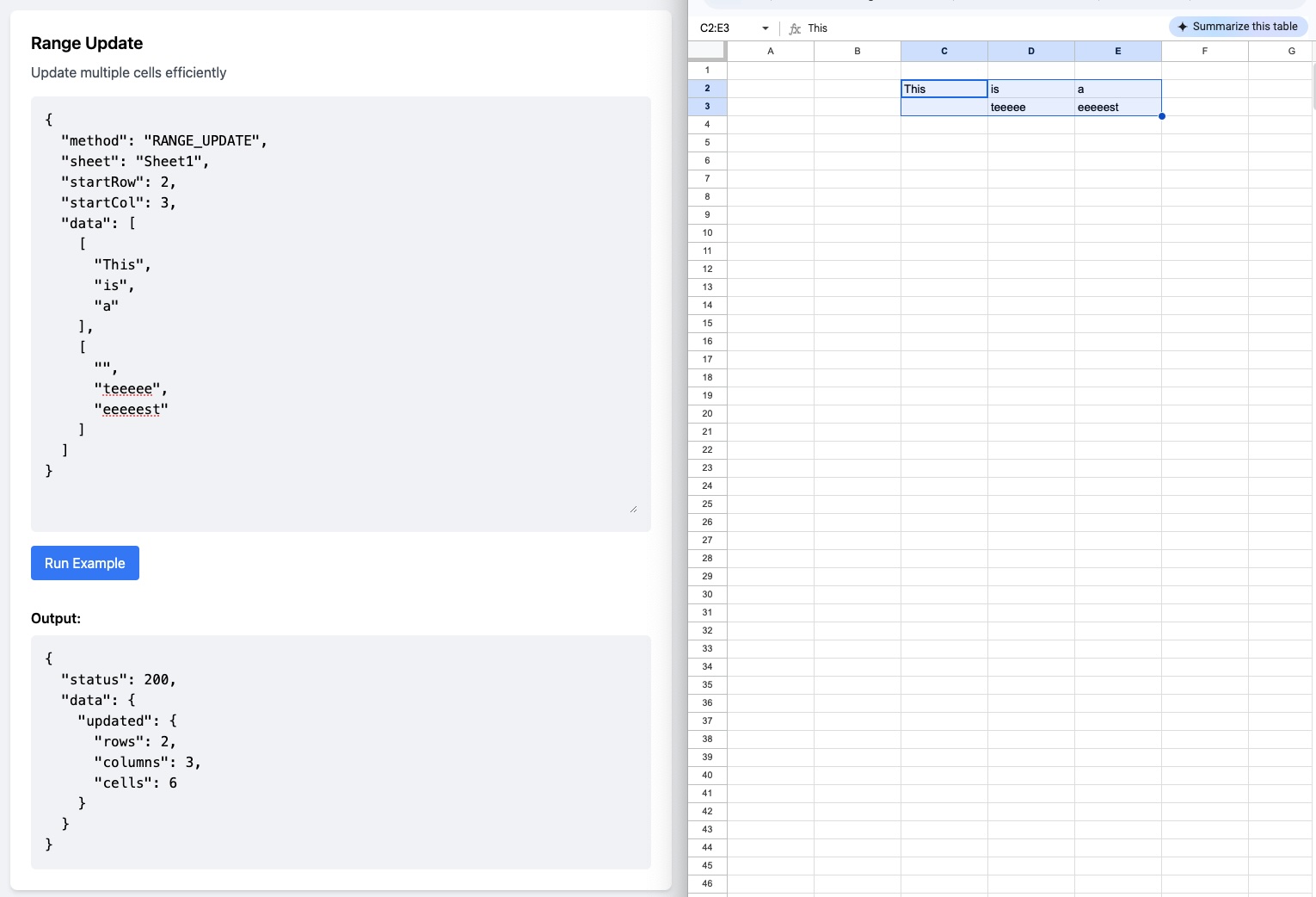 Range_Update can target a specific range of columns and rows, as opposed to treating the Google Sheet like a database